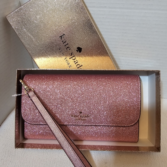 Kate spade EUC New York Bags Boxed Med Glitter Flap Phone Wristlet Wallet Pink - Picture 3 of 16